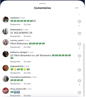 Comentários de apoiadores no Instagram